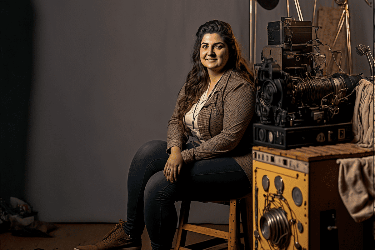 woman sitting in a chair next to a vintage camera