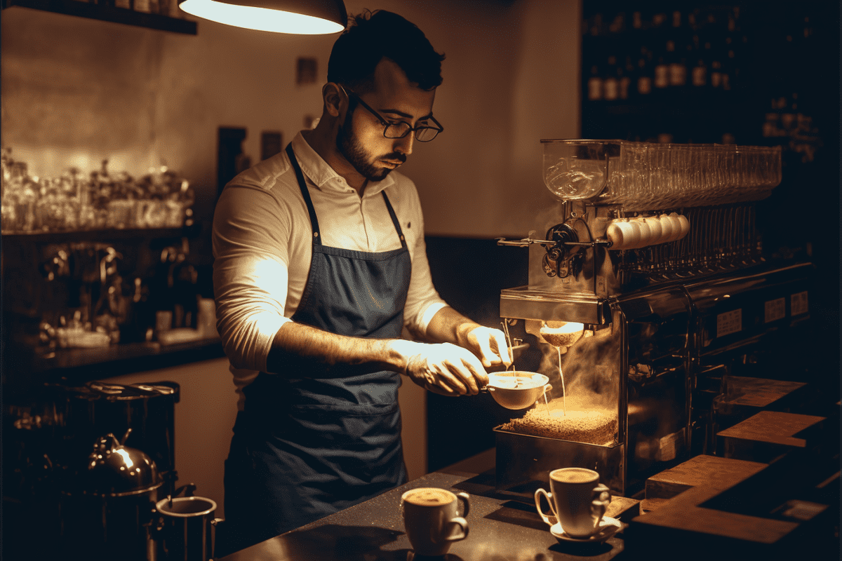 man at a coffee bar making espresso
