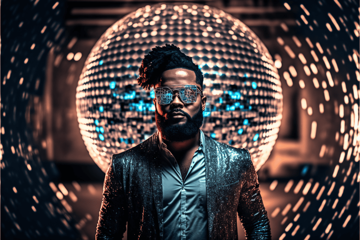 man with sparkly suit on standing in front of a disco ball