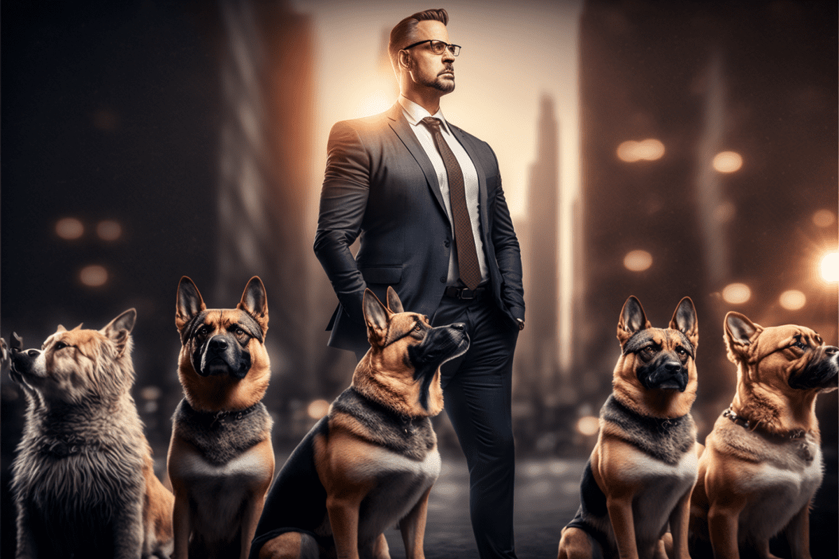 man in a professional suit standing with a group of five dogs