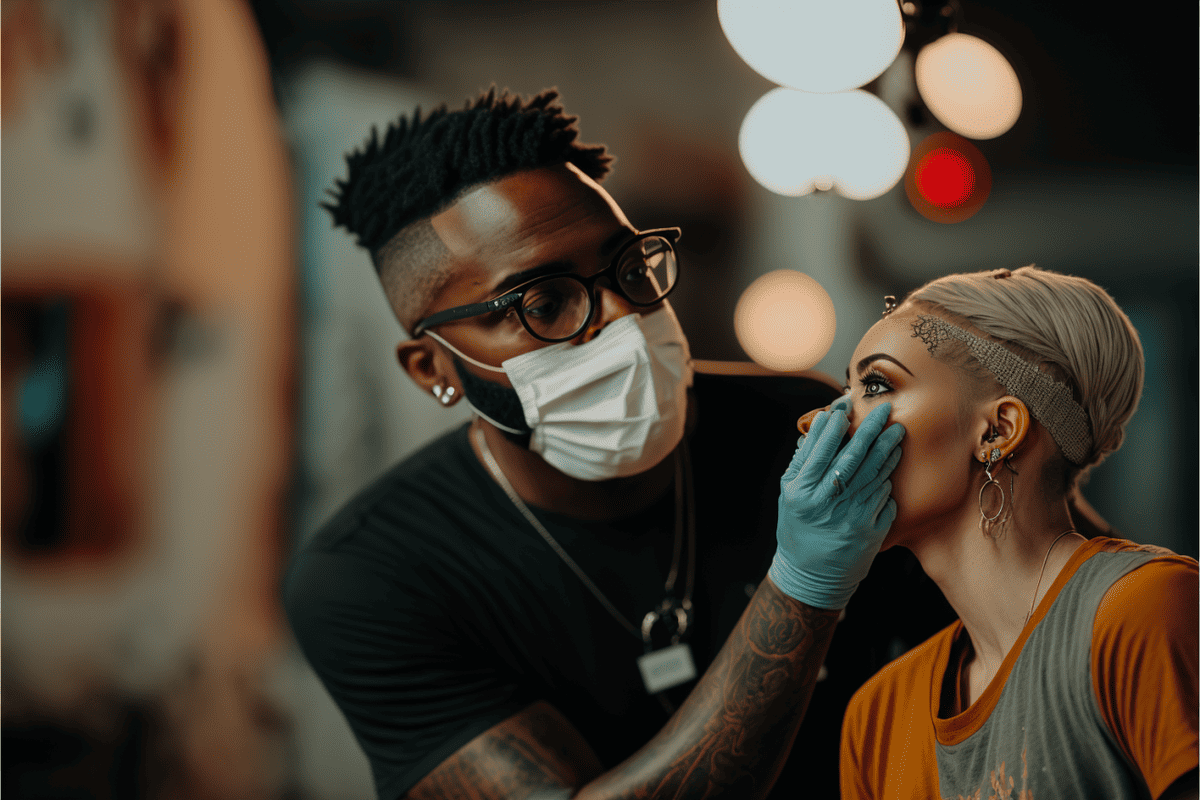 body piercer giving a woman a nose piercing