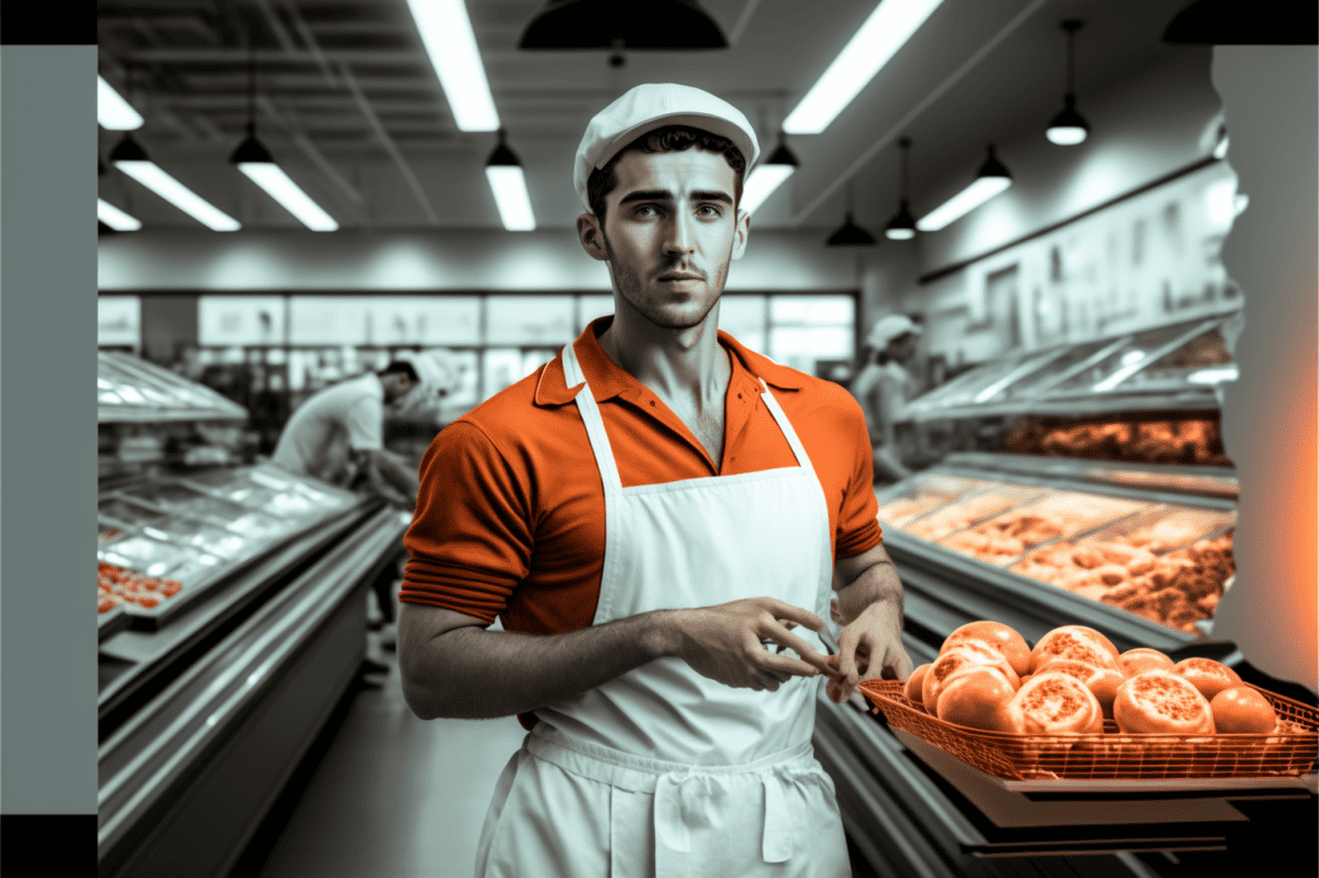 man in an apron at a supermarket