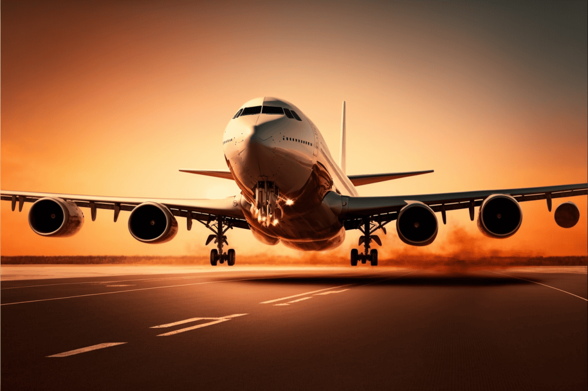 airplane taking off the runway at sunset