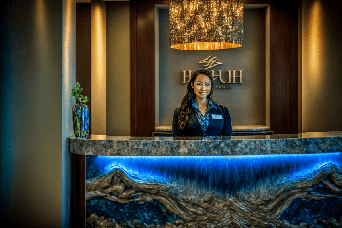 hotel receptionist in the front lobby