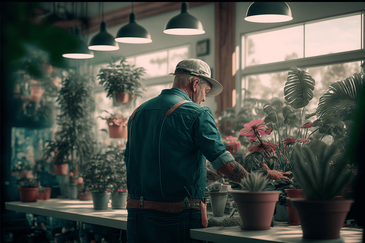 old man working in a nursery and caring for plants