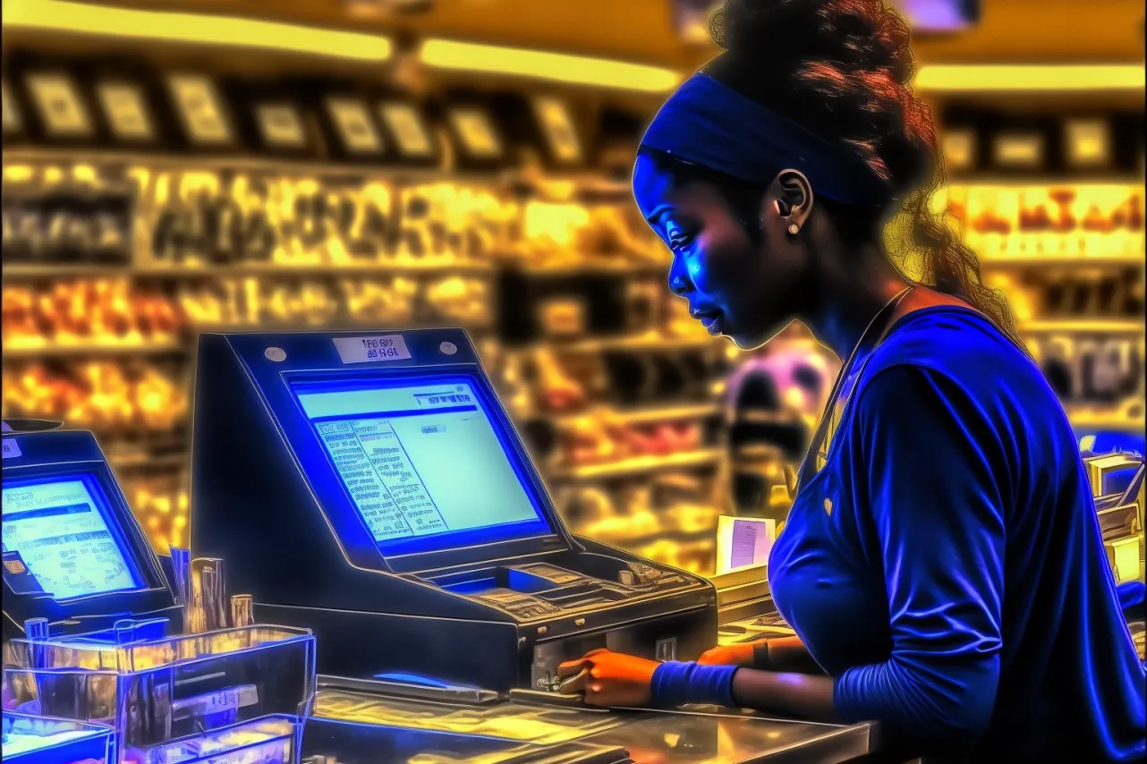 woman working at a cash register in the grocery store