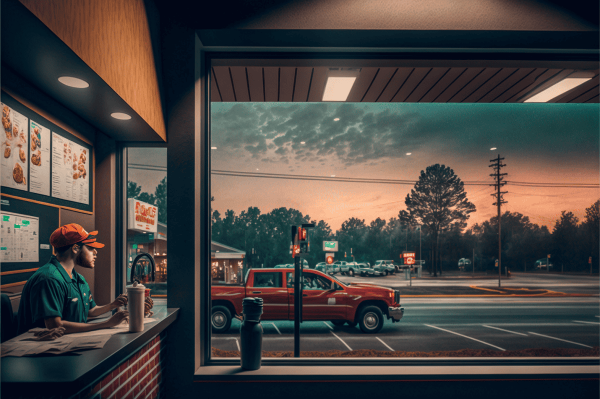 Man working at a fast food counter next to a window
