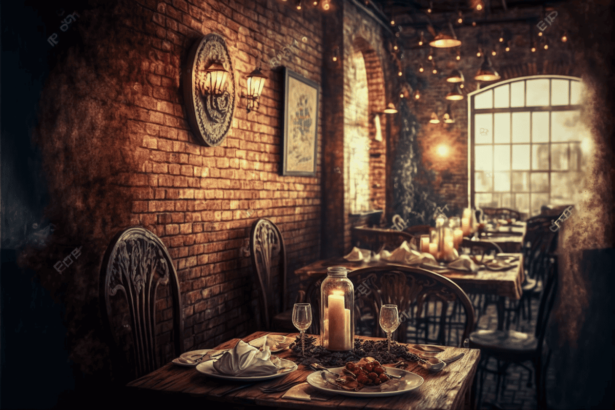 restaurant table with food on it in a rustic brick restaurant