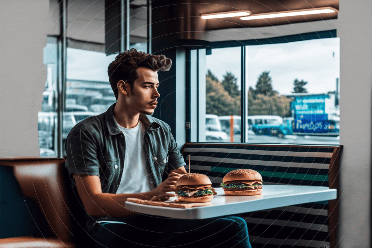 man in a diner eating two hamburgers