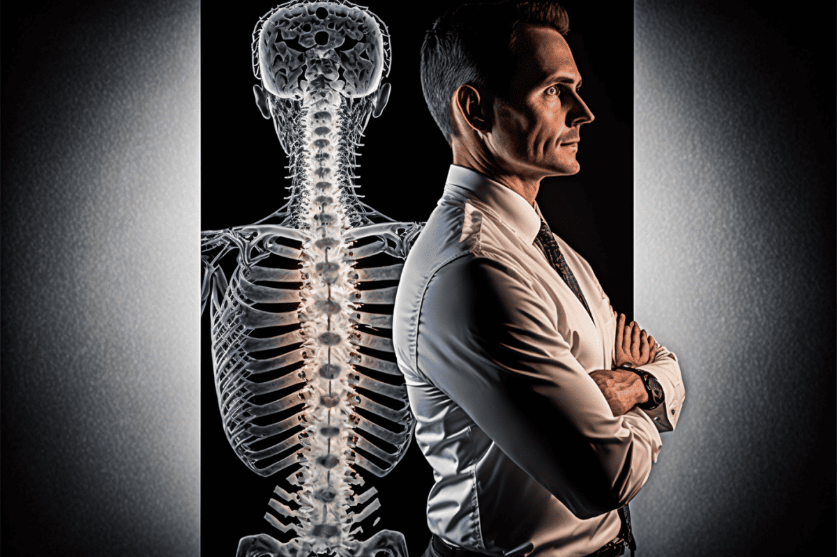doctor standing next to an x ray of a spine