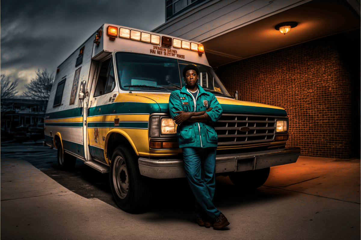 EMT worker leaning against an ambulance