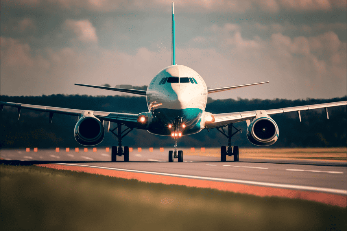 Plane on a runway taking off