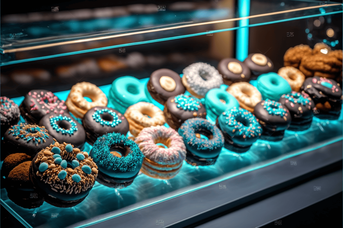 donuts in a glass display case