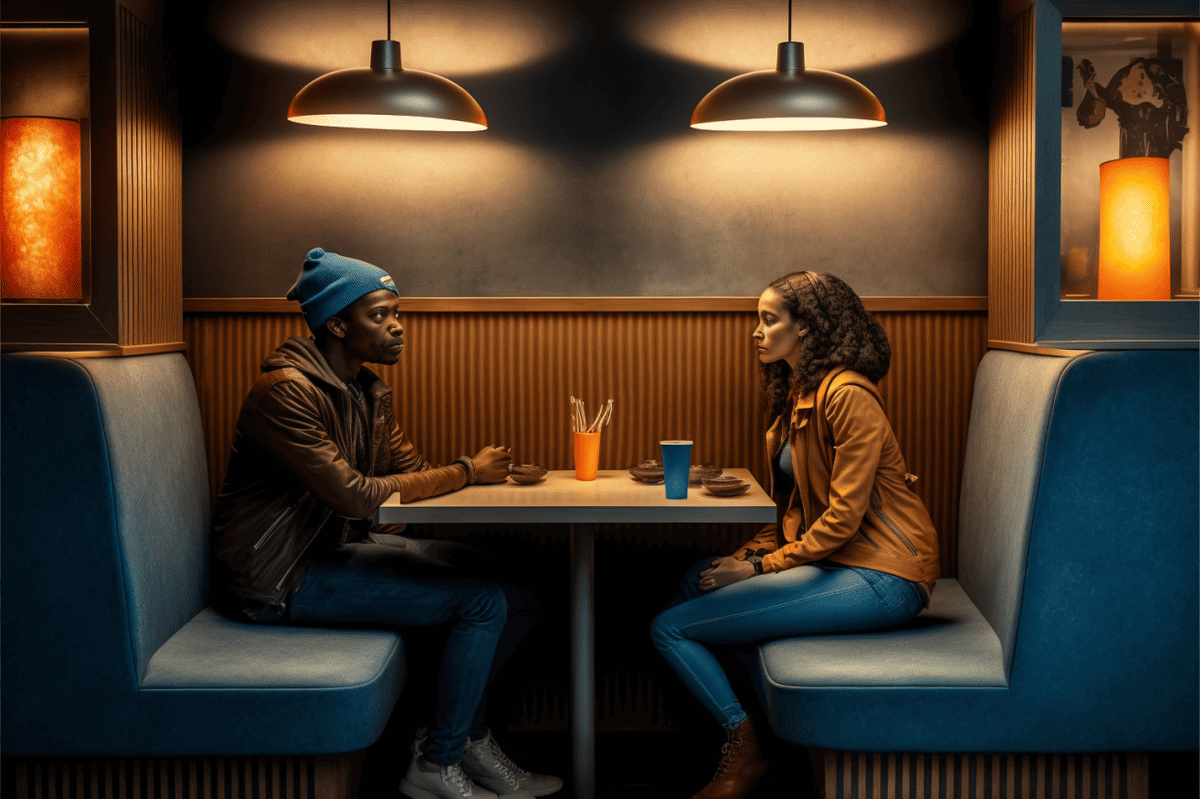 Couple sitting in a booth at a fast food restaurant