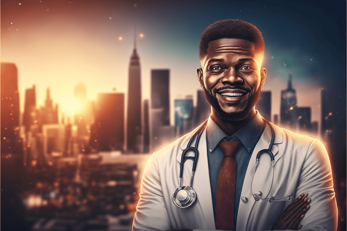 Smiling doctor with a city in the background