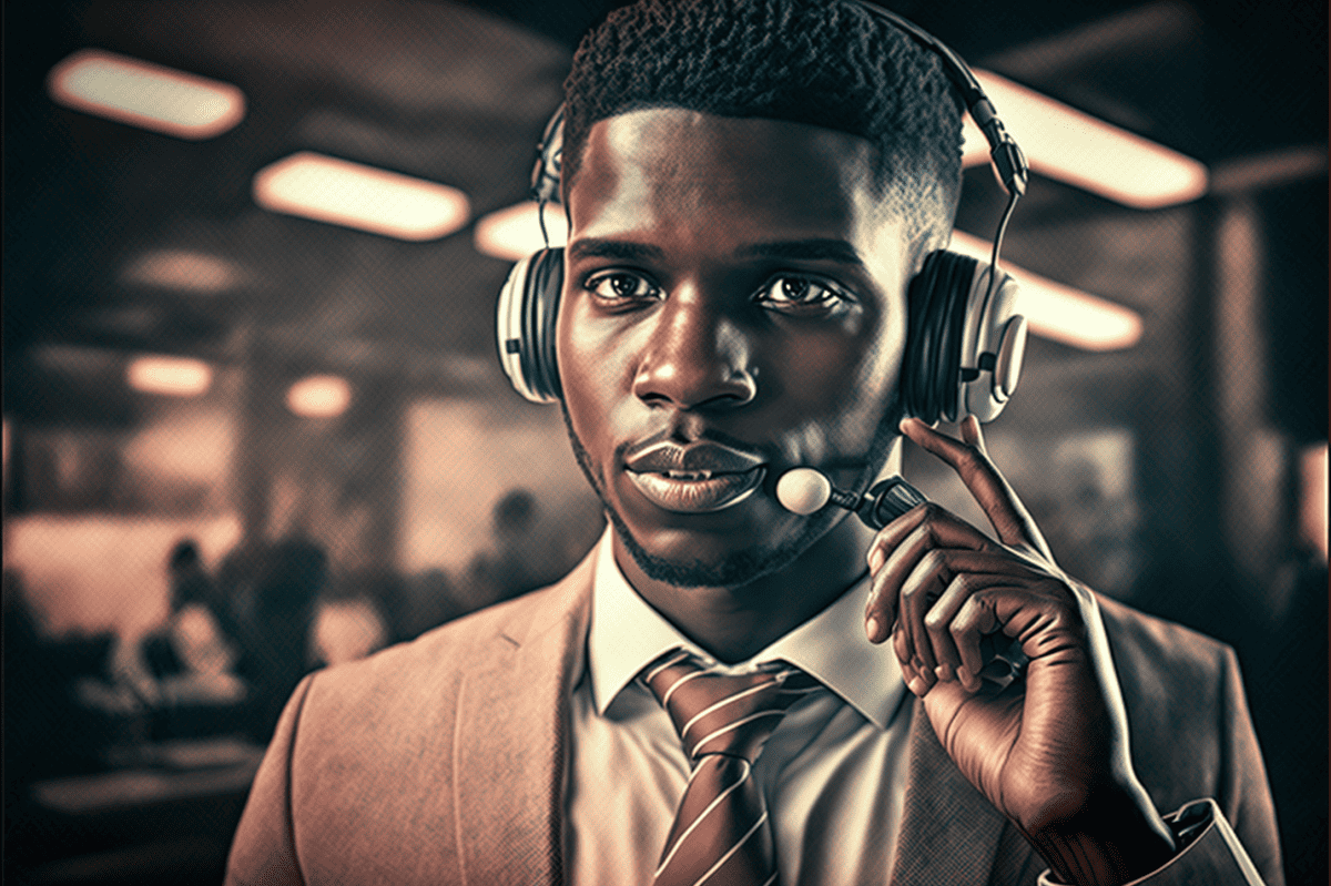 Man with a headset at an insurance call center