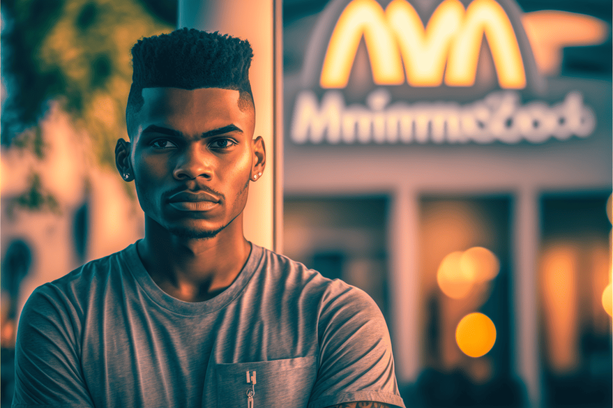 employee standing in front of a blurred out McDonald's store