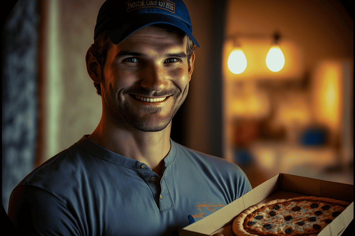 Smiling man holding a pizza