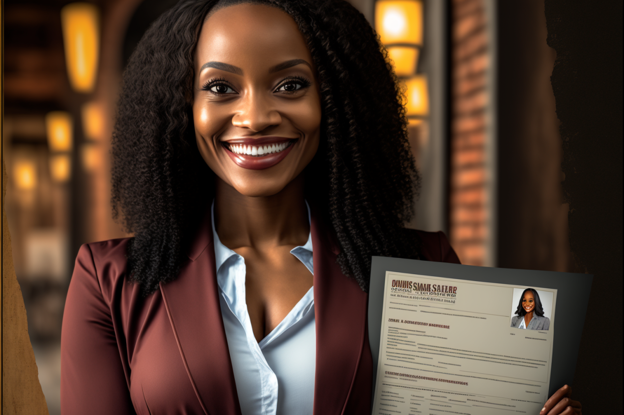 A woman in a suit holding a resume