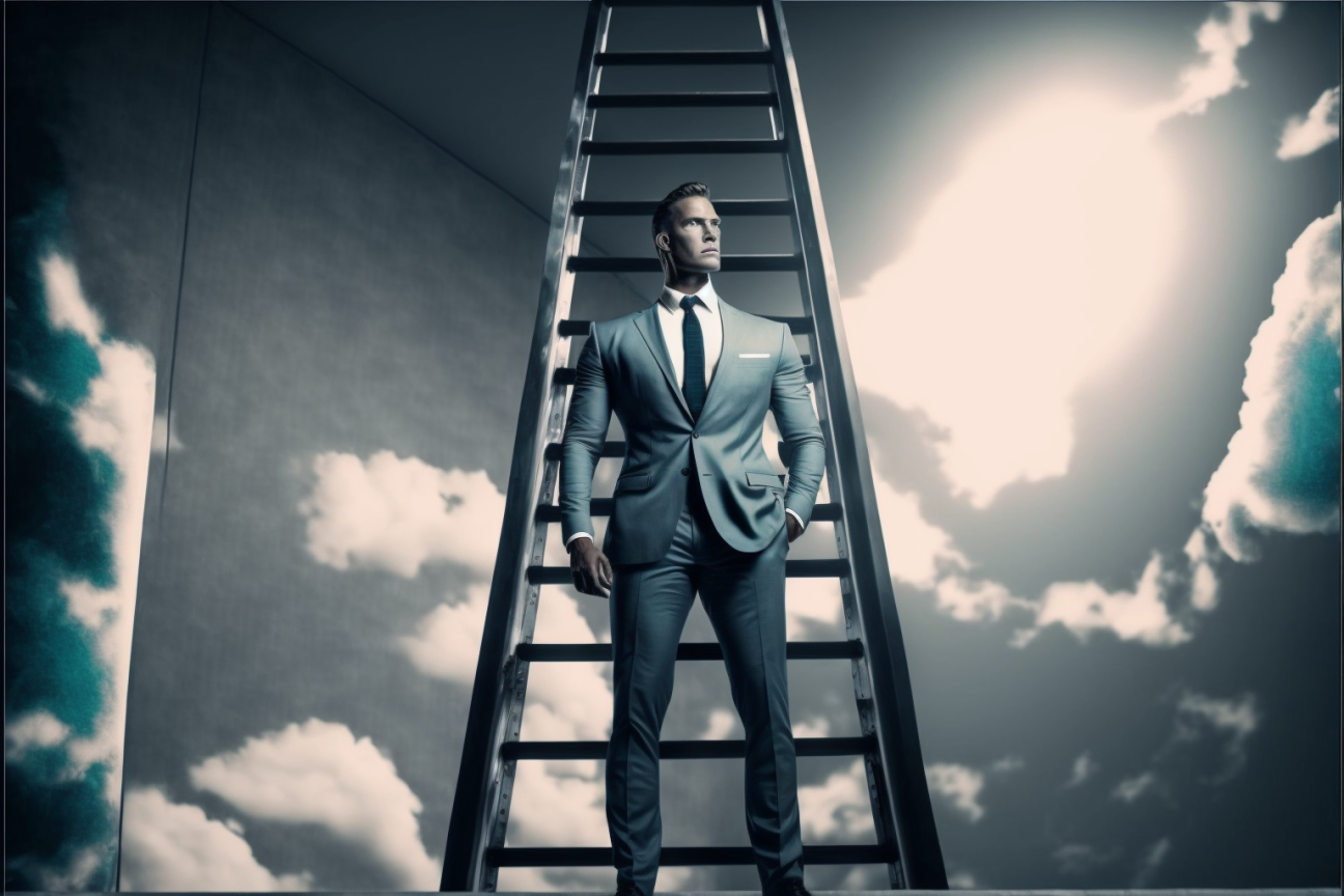Business man standing in front of a ladder